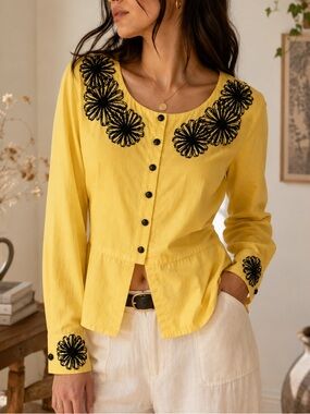 Vintage 90’s| Yellow Embroidered Cotton Blouse | Floral Button Front |
